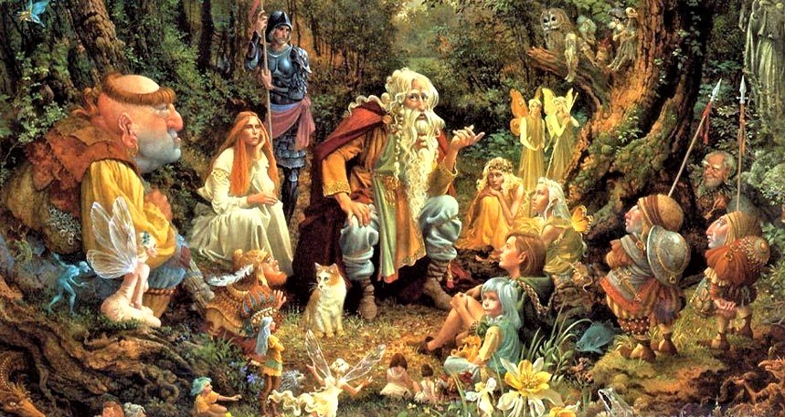 A Giant tells a story to fairies and forest friends Once upon a time by James C. Christiensen